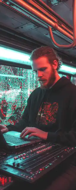 a computer nerd driving on the subway train with his laptop