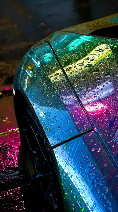 close up of a lamborghini sports car in the rain