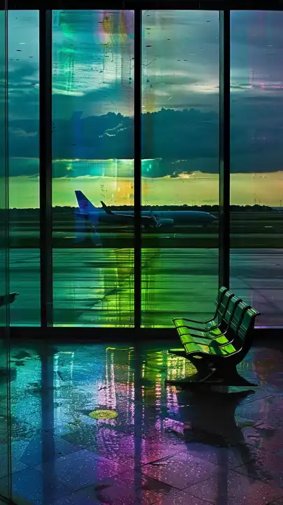 view from inside an airport terminal onto the airfield