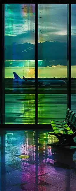 view from inside an airport terminal onto the airfield
