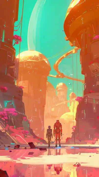 a futuristic planet landscape with robots and humans walking around