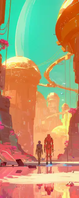 a futuristic planet landscape with robots and humans walking around