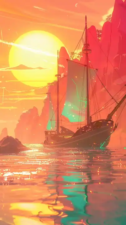 a pirate ship sailing on the ocean at dawn