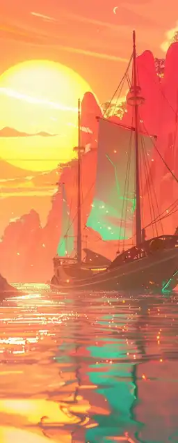 a pirate ship sailing on the ocean at dawn