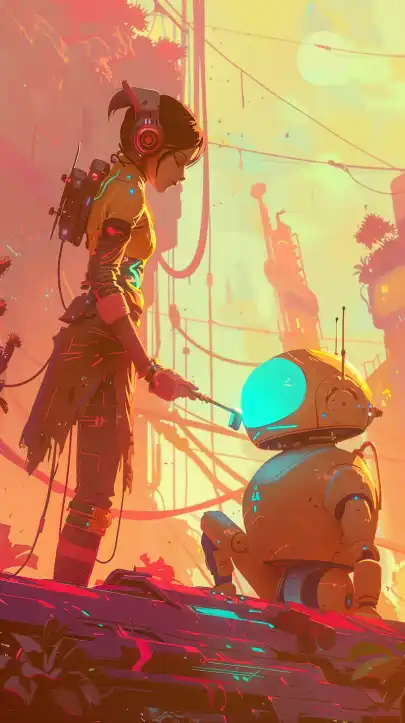 a female cyberpunk fixing her robot with a screwdriver