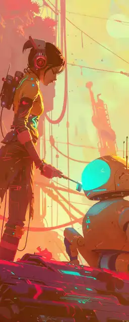 a female cyberpunk fixing her robot with a screwdriver