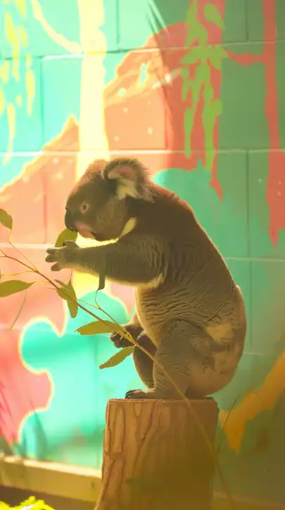 a koala bear sitting on a tree eating a green leaf