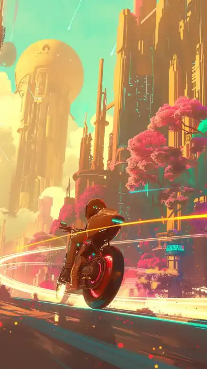 a cyberpunk hacker riding his motorcycle at high speed trough tokio