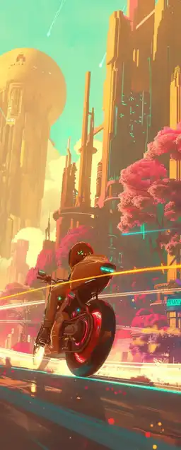 a cyberpunk hacker riding his motorcycle at high speed trough tokio