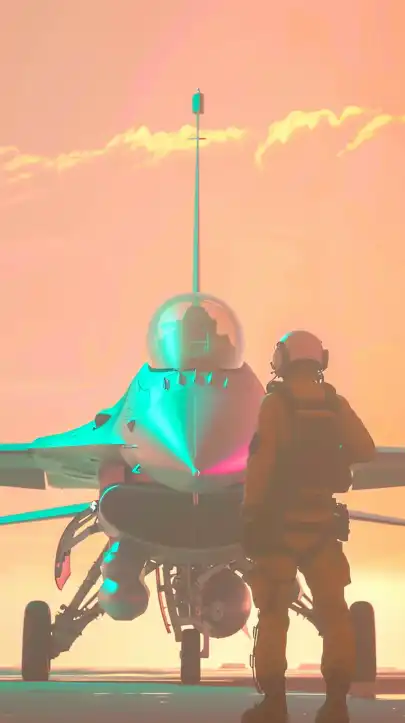 a fighter jet pilot wearing his helmet standing infront of his fighter jet