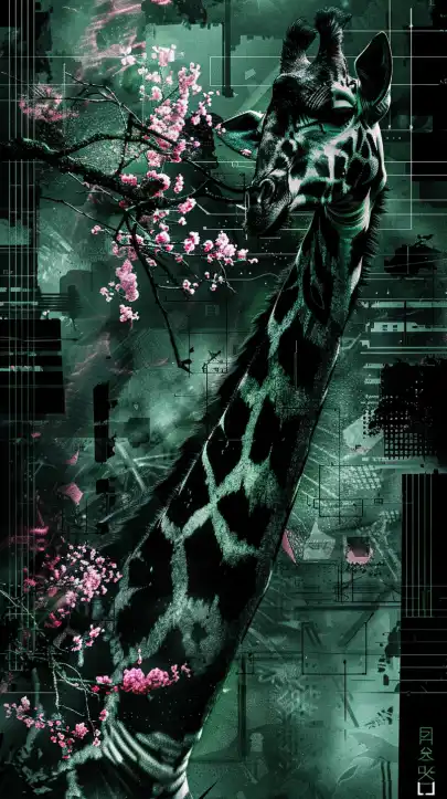 a giraffe eating from a cherry blossom tree