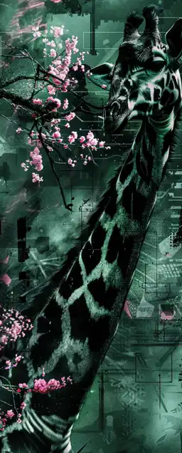 a giraffe eating from a cherry blossom tree