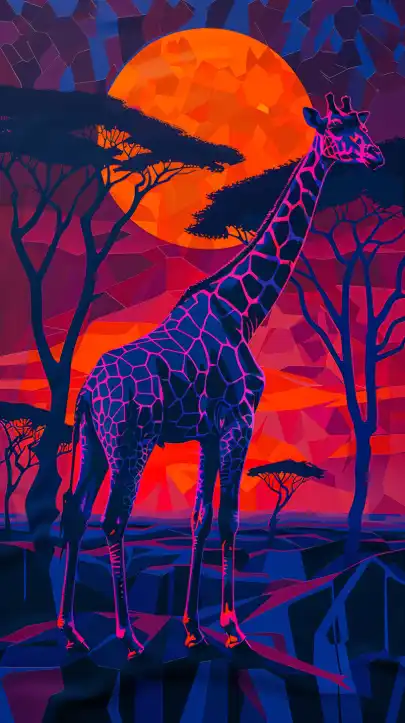 a giraffe standing in african jungle after sun set and looking to the moon