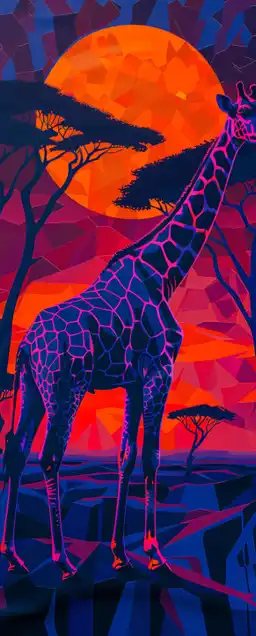 a giraffe standing in african jungle after sun set and looking to the moon