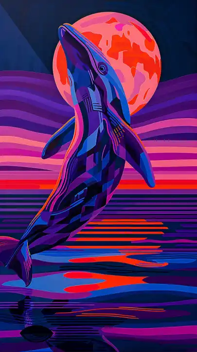 a wale jumping out of the ocean at night with full moon in the background