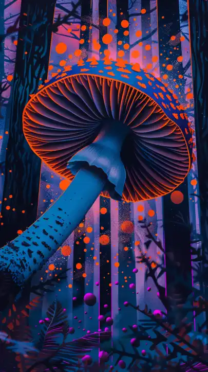 a magic mushroom in the forest surrounded by magic light