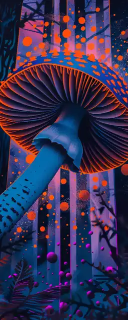 a magic mushroom in the forest surrounded by magic light