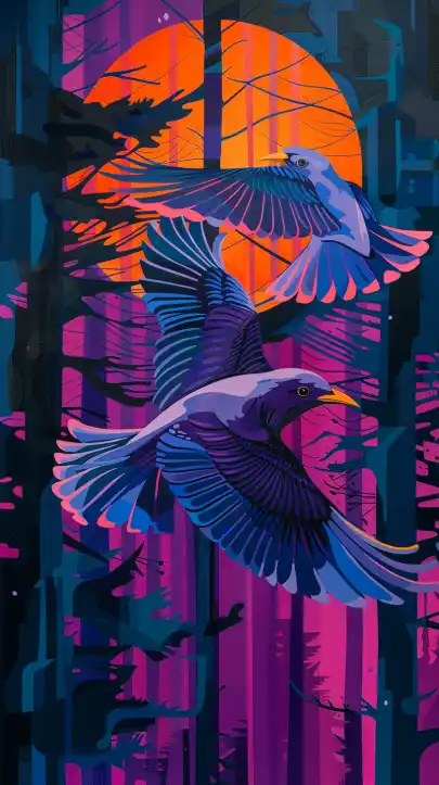 two blue birds fly at night, forrest and moon in the background