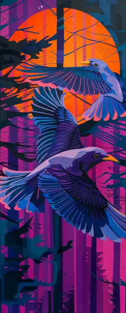two blue birds fly at night, forrest and moon in the background