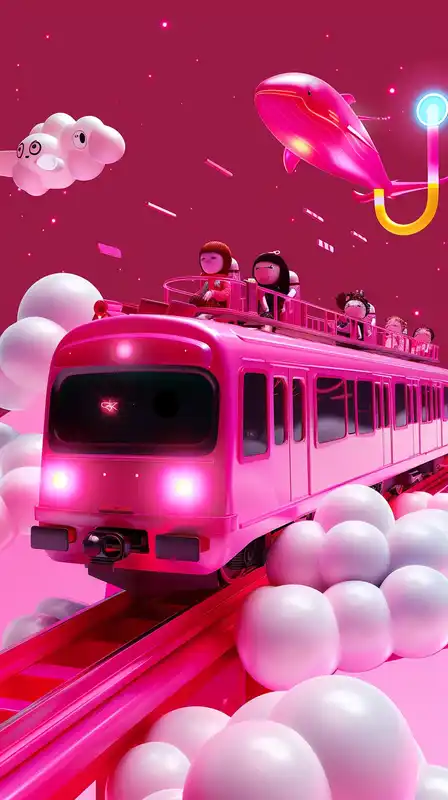 A glowing train riding on translucent tracks high above the clouds, passengers with surreal faces looking out over a cotton candy sky, glowing auroras and floating whales surrounding the scene – dreamlike and visually intense