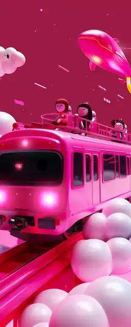 A glowing train riding on translucent tracks high above the clouds, passengers with surreal faces looking out over a cotton candy sky, glowing auroras and floating whales surrounding the scene – dreamlike and visually intense