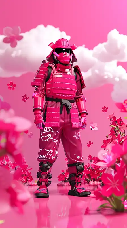 A futuristic samurai standing in a cherry blossom field at twilight, neon blossoms drifting in slow motion, his armor pulsing with electric patterns, a storm forming in the background – cinematic and vibrant