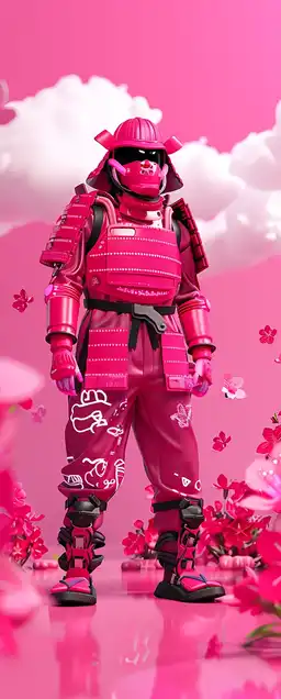 A futuristic samurai standing in a cherry blossom field at twilight, neon blossoms drifting in slow motion, his armor pulsing with electric patterns, a storm forming in the background – cinematic and vibrant