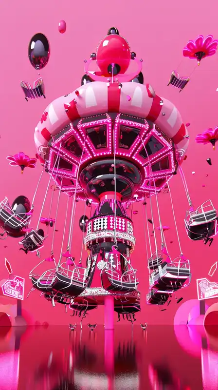 A bizarre carnival set in an endless desert, rides floating in the air, holographic signs stuttering between dimensions, crowds made of warped reflections and luminous silhouettes – abstract and chaotic energy