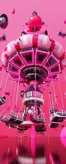 A bizarre carnival set in an endless desert, rides floating in the air, holographic signs stuttering between dimensions, crowds made of warped reflections and luminous silhouettes – abstract and chaotic energy