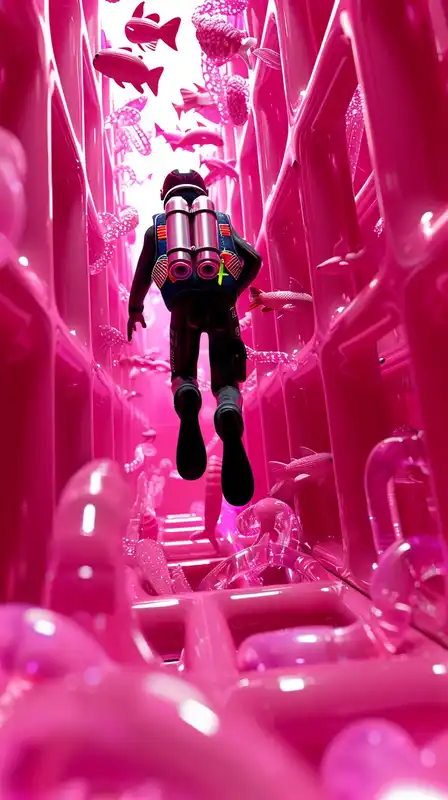 An underwater maze made of glowing crystal walls, strange bioluminescent creatures swimming through it, a lone diver with a flickering helmet light drifting downward – eerie, colorful, and atmospheric