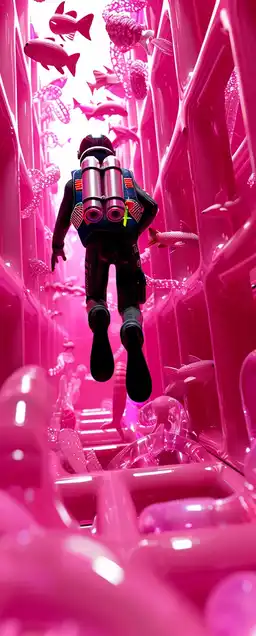 An underwater maze made of glowing crystal walls, strange bioluminescent creatures swimming through it, a lone diver with a flickering helmet light drifting downward – eerie, colorful, and atmospheric