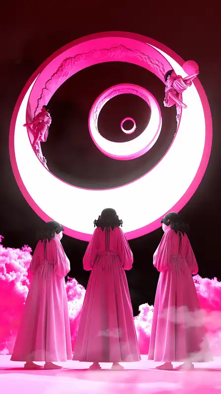 A mysterious ritual taking place under a shattered moon, figures in flowing robes casting glowing rings of light, the broken moon fragments hovering above a sea of mist – mystical and emotionally charged