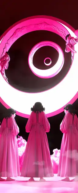A mysterious ritual taking place under a shattered moon, figures in flowing robes casting glowing rings of light, the broken moon fragments hovering above a sea of mist – mystical and emotionally charged