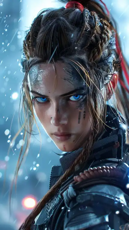 a female warrior with woven hairs and ice blue eyes close up shot
