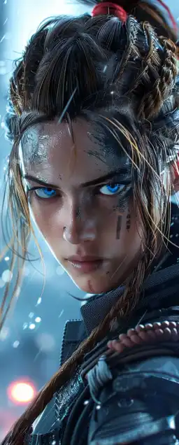 a female warrior with woven hairs and ice blue eyes close up shot