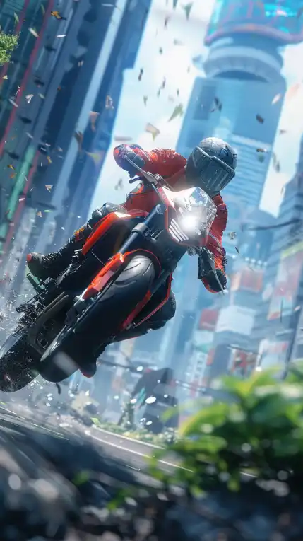 a cypherpunk riding his motorbike at high speed trough abandoned tokio city, the jungle is growing up on the skyscrapers