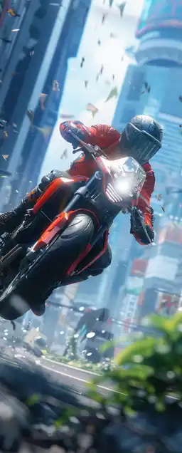 a cypherpunk riding his motorbike at high speed trough abandoned tokio city, the jungle is growing up on the skyscrapers