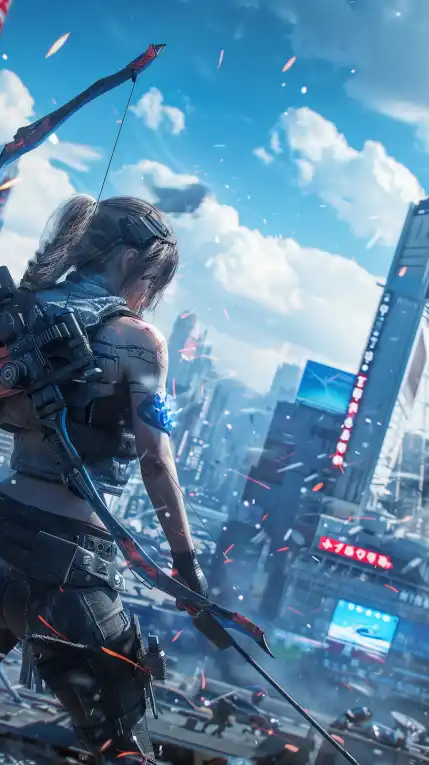 post apocalyptic city landscape, a female warrior is hunting with a bow