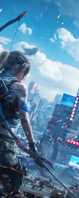 post apocalyptic city landscape, a female warrior is hunting with a bow