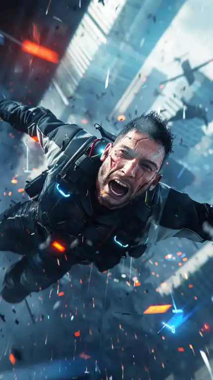 close up shut of a screaming man falling down a skyscraper