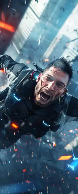 close up shut of a screaming man falling down a skyscraper
