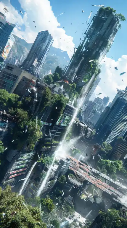 post apocalyptic skyline with buildings covered in lush bushes, water falls falling down the skyscrapers