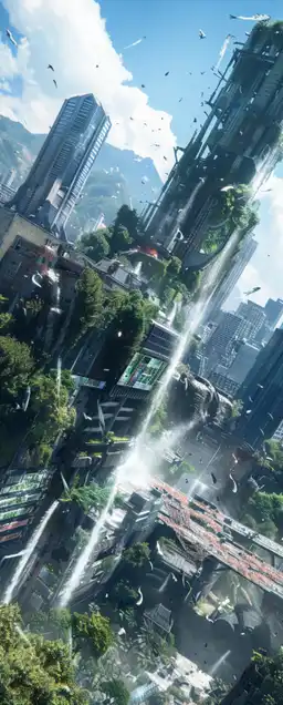 post apocalyptic skyline with buildings covered in lush bushes, water falls falling down the skyscrapers