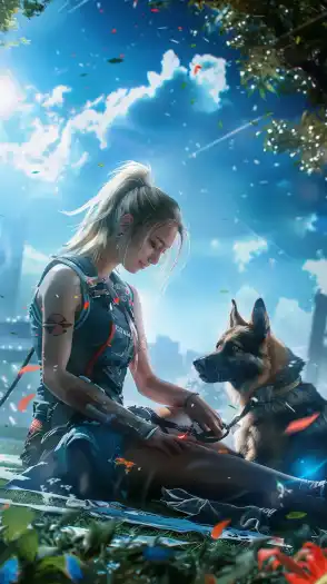 a blonde girl sitting in the park playing with her dog