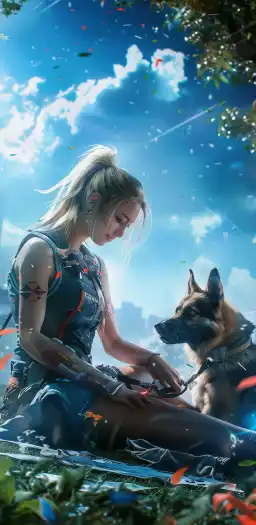 a blonde girl sitting in the park playing with her dog