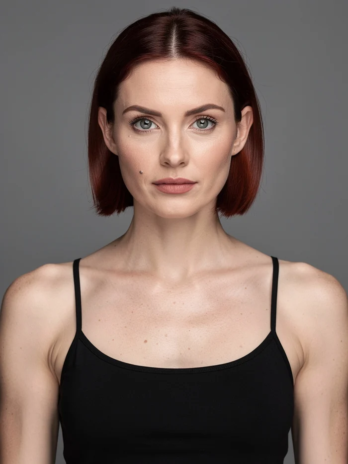 Face lock reference image: a woman with a dark auburn chin-length bob on a flat gray background, lit without shadows, wearing a plain black camisole