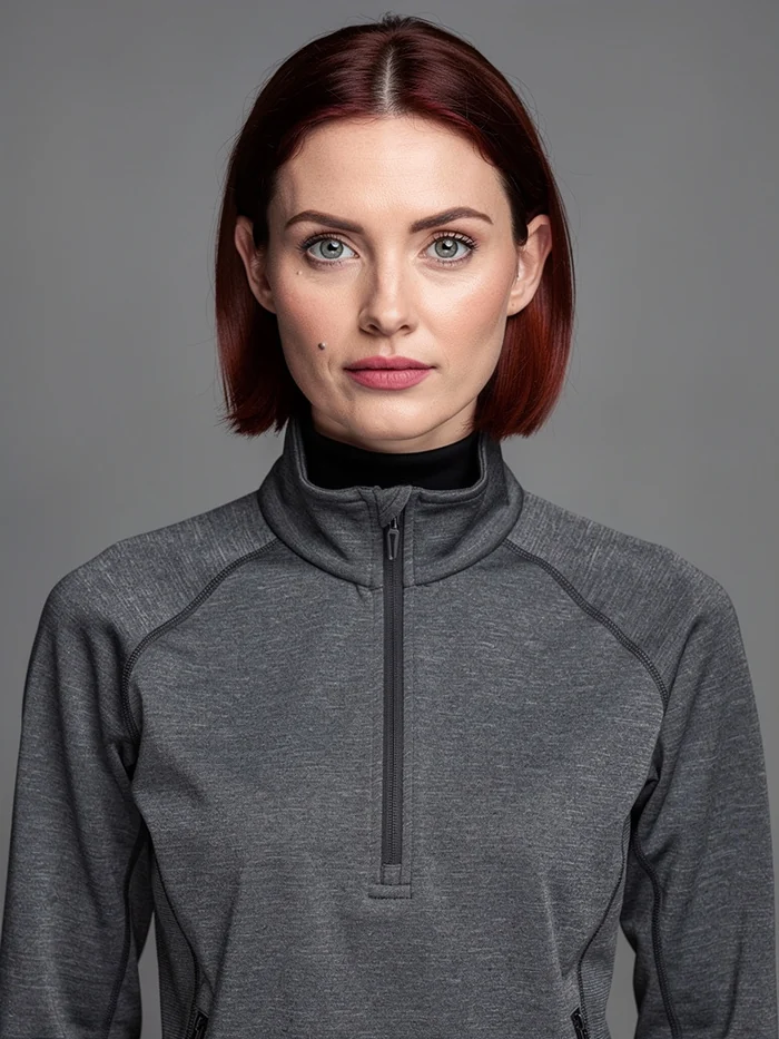 The same woman, same face and hair, now wearing a charcoal technical half-zip jacket over a black crew neck, on the same flat gray background