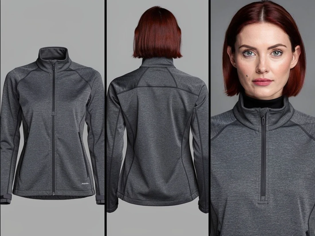 Three-panel character sheet showing the jacket from the front, the jacket from behind, and a close portrait of the woman wearing it