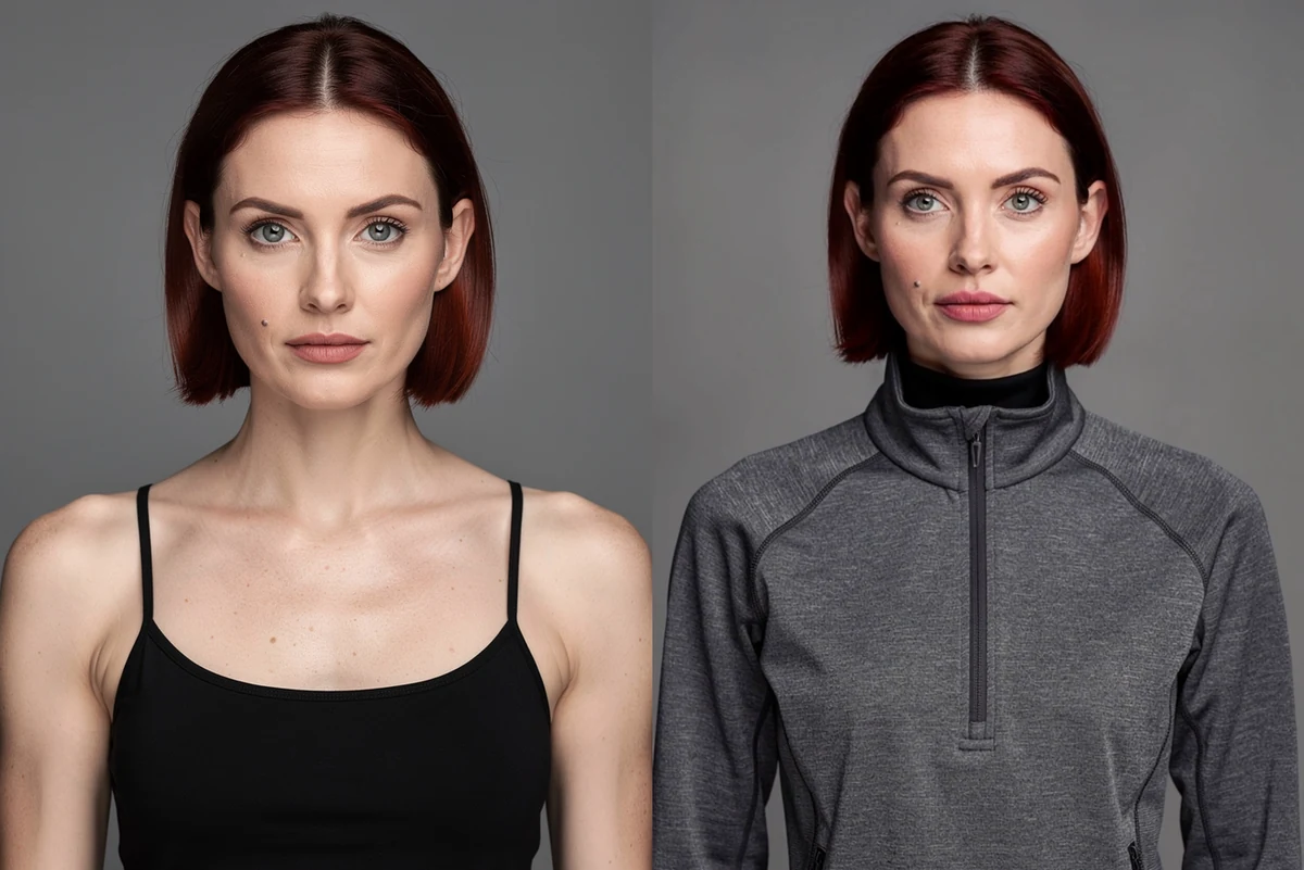 Side by side comparison: the original face lock on the left and the last frame of the generated video on the right, showing the same face, hair and beauty mark